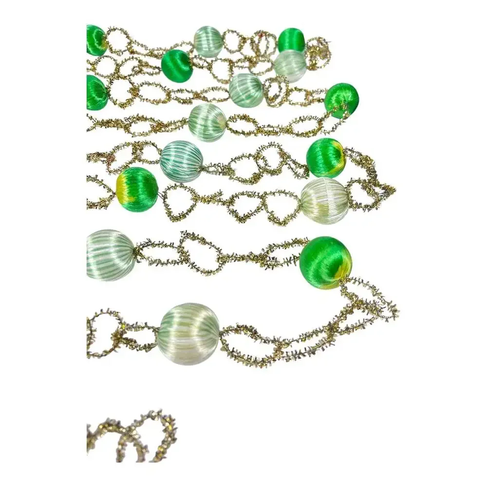 Vintage Gold Tinsel Link Chains & Green Satin Ball Christmas Garland 15 Feet